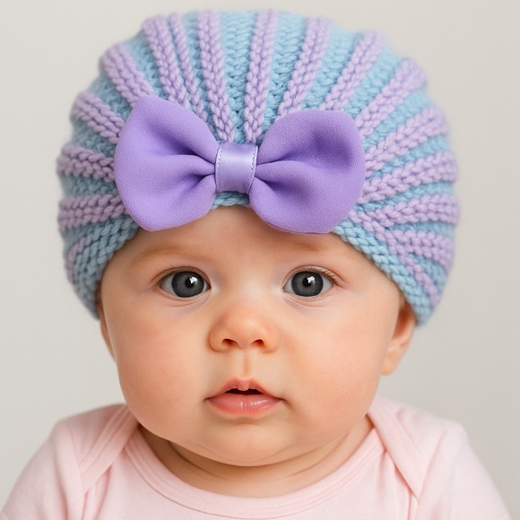 Handmade Other - Purple and Blue Knitted Baby Hat with Bow